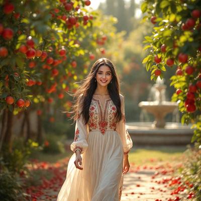 The primary subject of the image is a woman wearing a white dress, walking down a path surrounded by apple trees. The setting is a garden with a fountain in the background. The visual style is a photo, capturing the woman's beauty and grace as she strolls through the orchard. The colors and mood of the image are serene and peaceful, with the white dress and apple trees creating a harmonious and calming atmosphere.